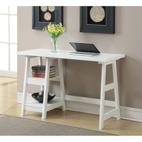 Pemberly Row Trestle Desk with Shelves in White Wood Finish