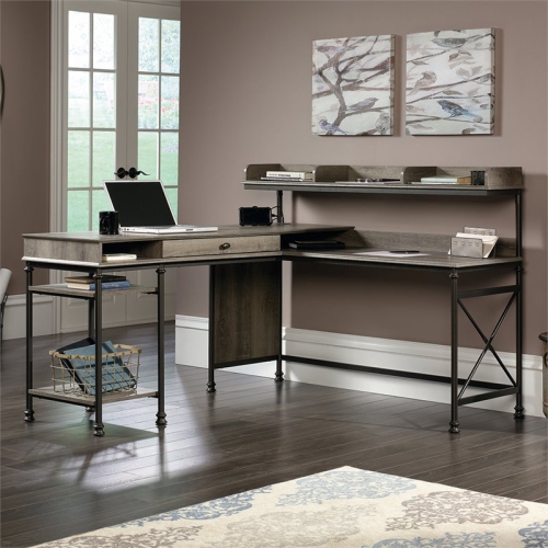 Sauder Canal Street Wood and Metal L-Shape Computer Desk in Northern Oak