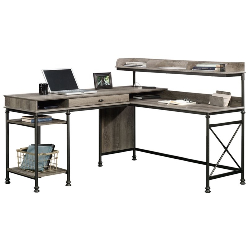 Sauder Canal Street Wood and Metal L-Shape Computer Desk in Northern Oak