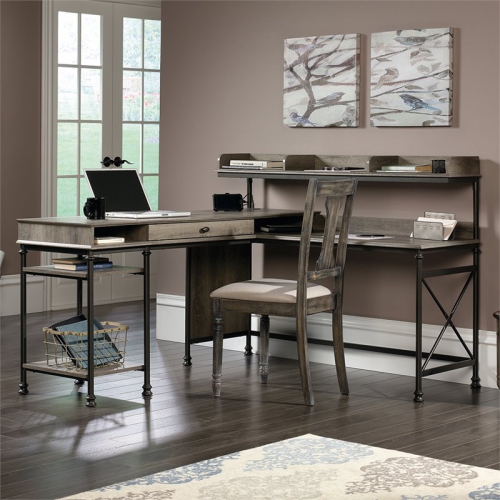 Sauder Canal Street Wood and Metal L-Shape Computer Desk in Northern Oak