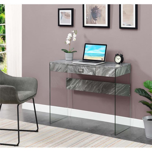 Convenience Concepts Soho 36-inch Glass Desk in Gray Faux Marble Wood Finish