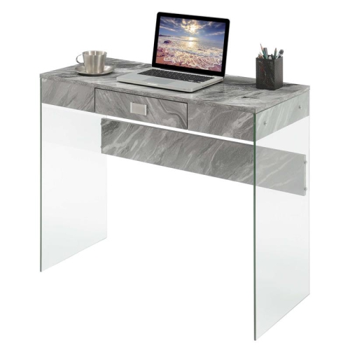 Convenience Concepts Soho 36-inch Glass Desk in Gray Faux Marble Wood Finish