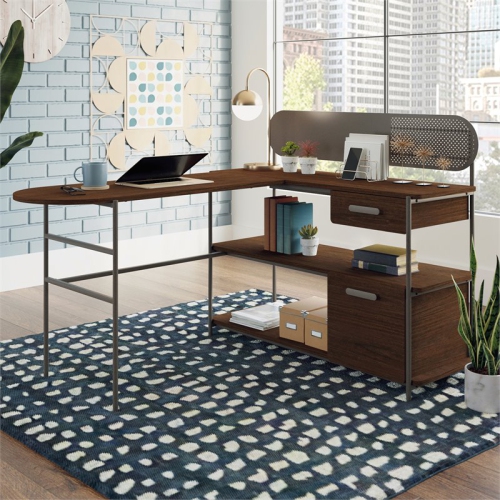 Sauder Radial Engineered Wood L-Shaped Computer Desk in Umber Wood/Brown