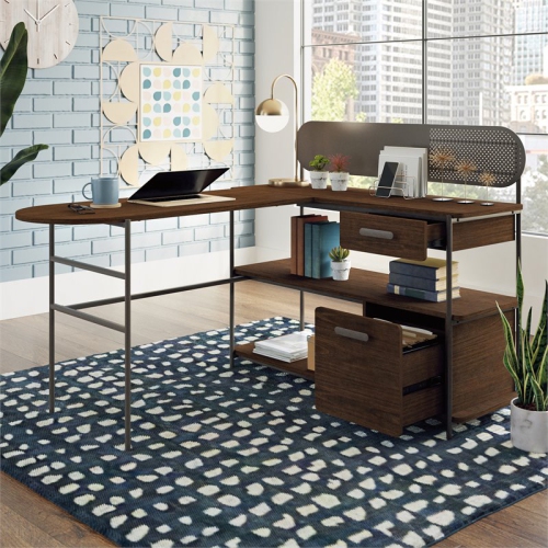 Sauder Radial Engineered Wood L-Shaped Computer Desk in Umber Wood/Brown