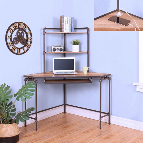 Furniture of America Flak Industrial Wood Corner Desk with Shelves in Sand Black