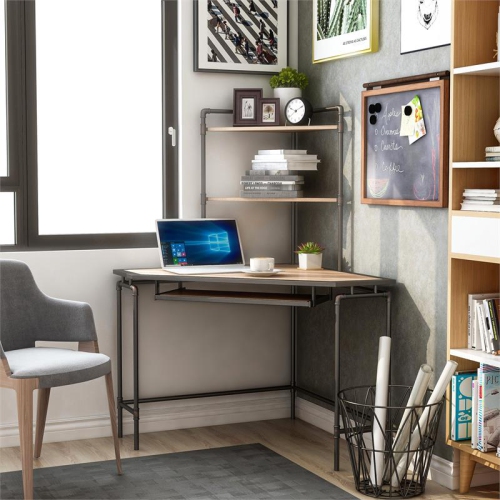 Furniture of America Flak Industrial Wood Corner Desk with Shelves in Sand Black