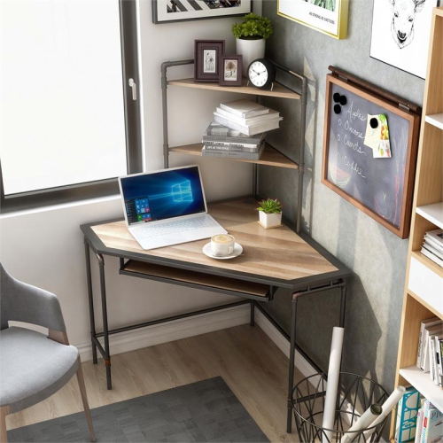 Furniture of America Flak Industrial Wood Corner Desk with Shelves in Sand Black