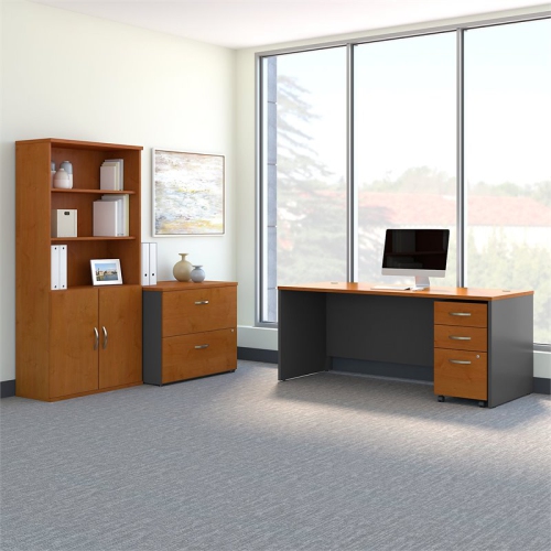 Bush Business Furniture Series C 72"W Office Desk with Bookcase and File Cabinet-Natural Cherry Gray