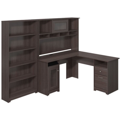 PEMBERLY ROW  60" L-Shape Desk With Hutch And 5 Shelf Bookcase In Heather In Gray