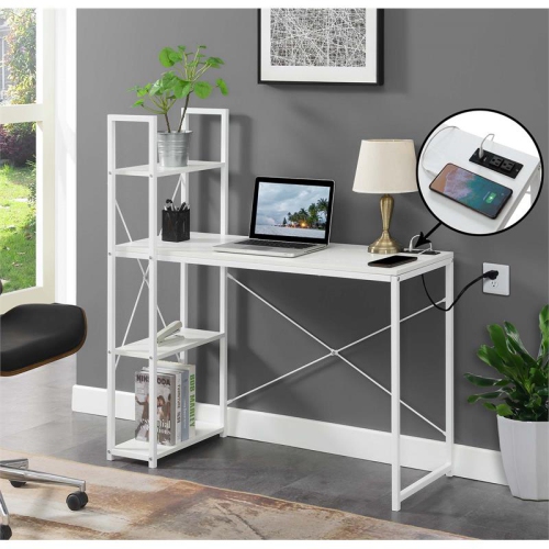 Designs2Go Office Workstation with Charging Station and Shelves in White Wood