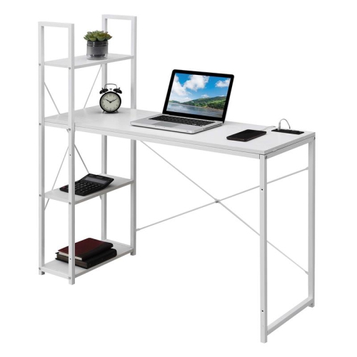 Designs2Go Office Workstation with Charging Station and Shelves in White Wood