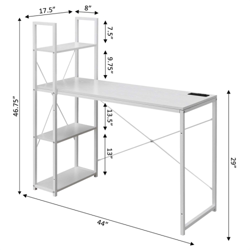 Designs2Go Office Workstation with Charging Station and Shelves in White Wood
