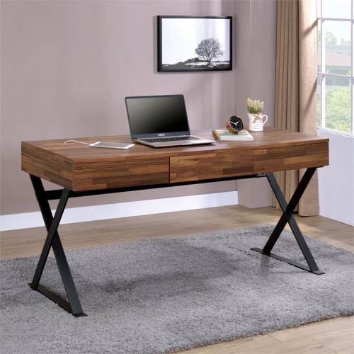 Bowery Hill Modern Wood 3-Drawer Writing Desk with USB in Oak and Black