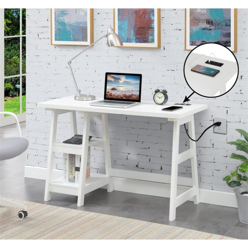 Designs2Go Trestle Desk with Charging Station in White Wood Finish