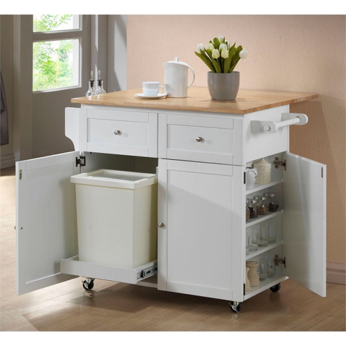 Bowery Hill Kitchen Cart with Drop Leaf in Natural Brown and White