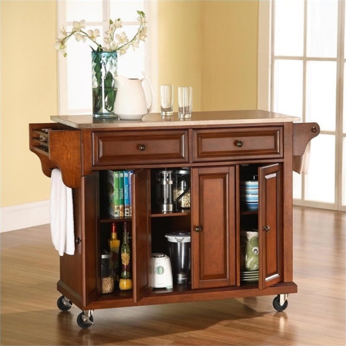 Pemberly Row Stainless Steel Top Kitchen Cart in Classic Cherry