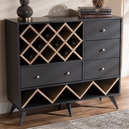 Bowery Hill Mid-Century Wood Wine Cabinet in Dark Grey and Oak