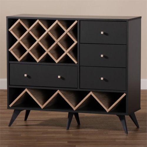 Bowery Hill Mid-Century Wood Wine Cabinet in Dark Grey and Oak