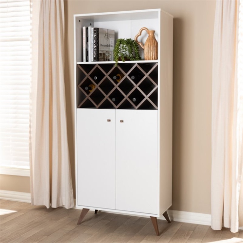 Bowery Hill Mid-Century Wood Wine Cabinet in White and Walnut