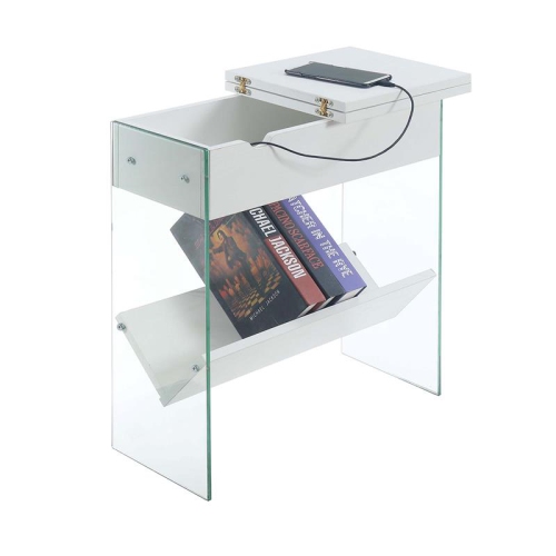 SoHo Electric Flip Top End Table in White Wood Finish and Clear Glass