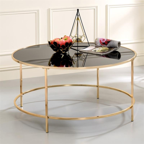 Furniture of America Rockbel Contemporary Glass Top Round Coffee Table in Gold
