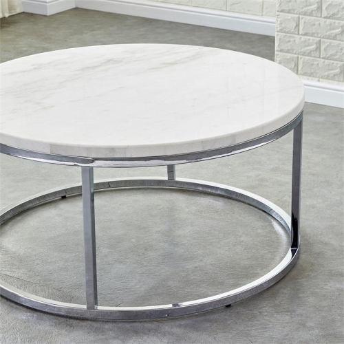 Bowery Hill White Marble and Chrome Metal Round Cocktail Table