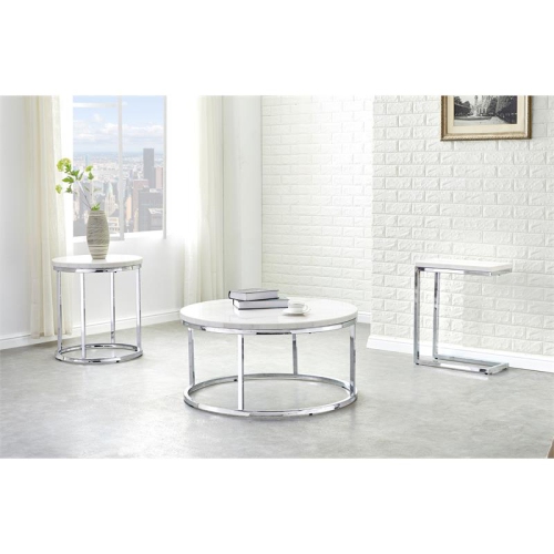 Bowery Hill White Marble and Chrome Metal Round Cocktail Table