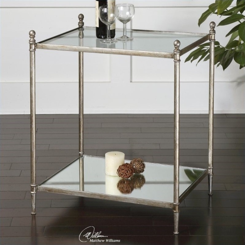 BOWERY HILL  Modern Mirrored Glass End Table In Antiqued Silver