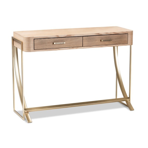 BOWERY HILL  Mid-Century 2-Drawer Wood Console Table In And Gold In Brown