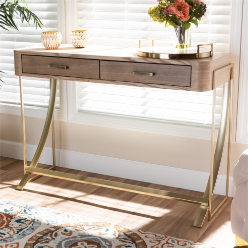 Bowery Hill Mid-Century 2-Drawer Wood Console Table in Brown and Gold