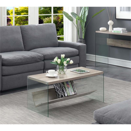 Pemberly Row Coffee Table in Driftwood Finish and Glass Sides