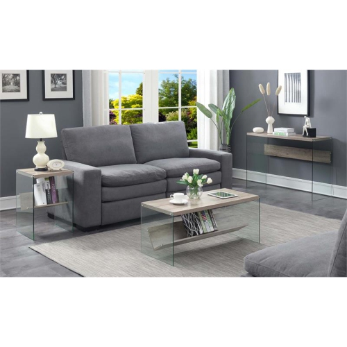 Pemberly Row Coffee Table in Driftwood Finish and Glass Sides