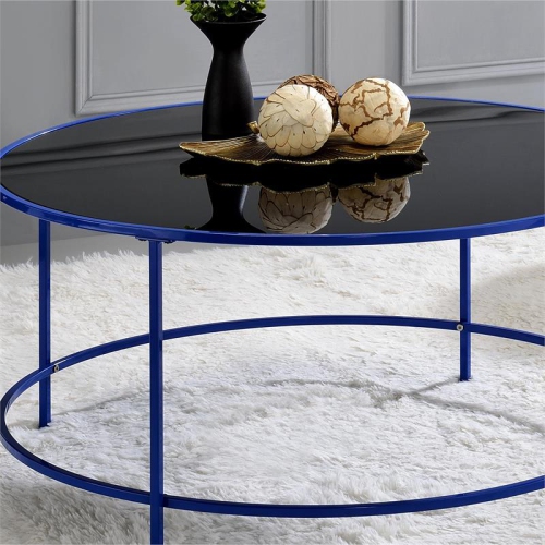 Furniture of America Rockbel Contemporary Glass Top Round Coffee Table in Blue