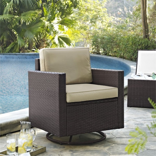 Pemberly Row Wicker Swivel Patio Arm Chair in Brown and Sand
