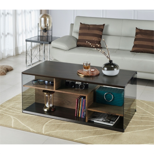Bowery Hill Geometric Glass Panel Coffee Table in Oak and Black