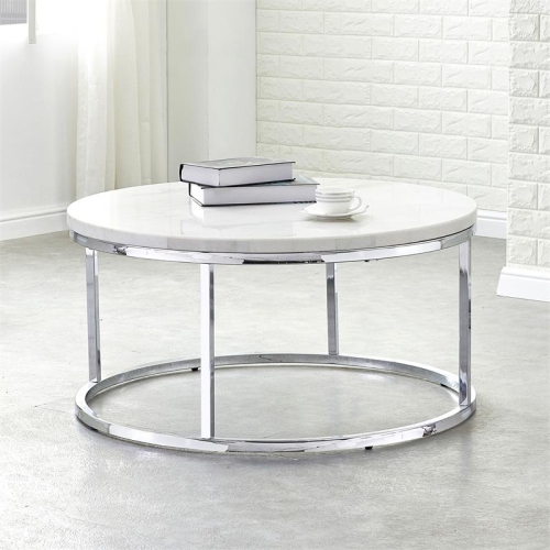 STEVE SILVER COMPANY Steve Silver Echo White Marble And Chrome Metal Round Cocktail Table