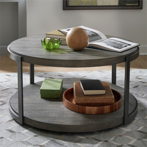Bowery Hill Modern Wood Round Cocktail Table in Brown