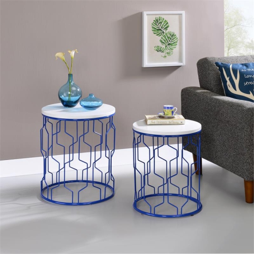 Furniture of America Vereira Metal 2-Piece Nesting Table in Blue and White