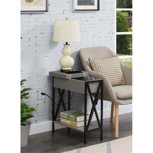 Tucson Flip Top End Table with Charging Station and Shelf in Gray Wood Finish