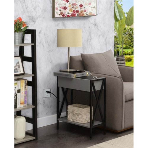 Tucson Flip Top End Table with Charging Station and Shelf in Gray Wood Finish