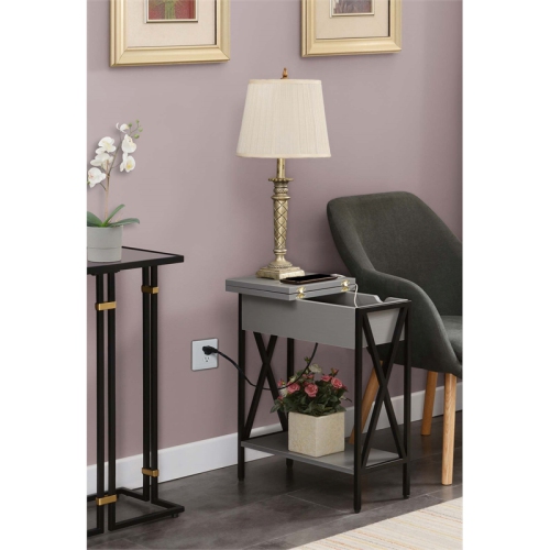 Tucson Flip Top End Table with Charging Station and Shelf in Gray Wood Finish