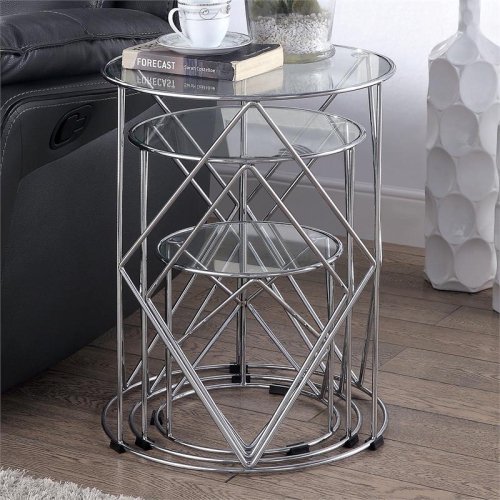 Furniture of America Nikova Glass Top 3-Piece Nesting Table Set in Silver