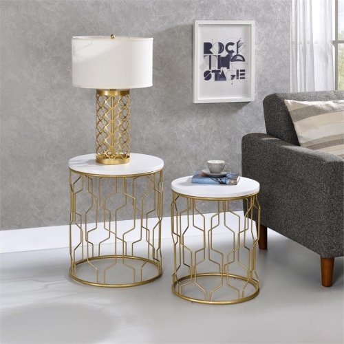 Furniture of America Vereira Metal 2-Piece Nesting Table in Gold and White