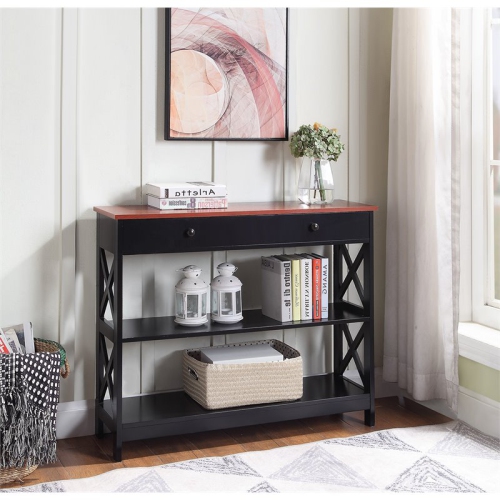 Pemberly Row Transitional One-Drawer Console Table in Cherry and Black Wood