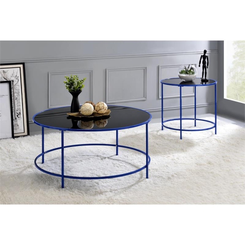Furniture of America Keefer Contemporary Glass Top Side Table in Blue
