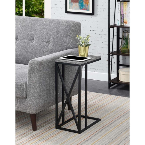 Pemberly Row C End Table Gray Faux Marble Wood and Black Metal