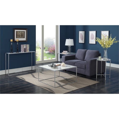 Pemberly Row Faux Marble Round End Table with Silver Metal Frame