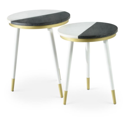BOWERY HILL  Black And Marble Top 2-Pack Round Side Table Set In White