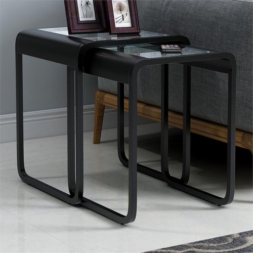 Furniture of America Shawton Glass Top 2-Piece Nesting Table Set in Black