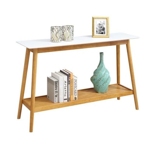 Pemberly Row Mid Century Console Table in White and Natural Wood Finish